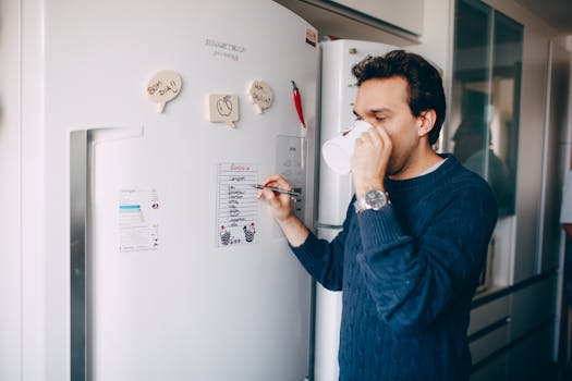 Man drinks coffee while writing a to-do list on a kitchen refrigerator.
